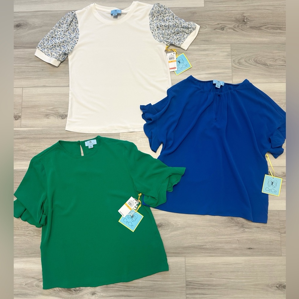 CeCe Blouse Bundle 3 Tops Green Blue White Floral Short Sleeve size small